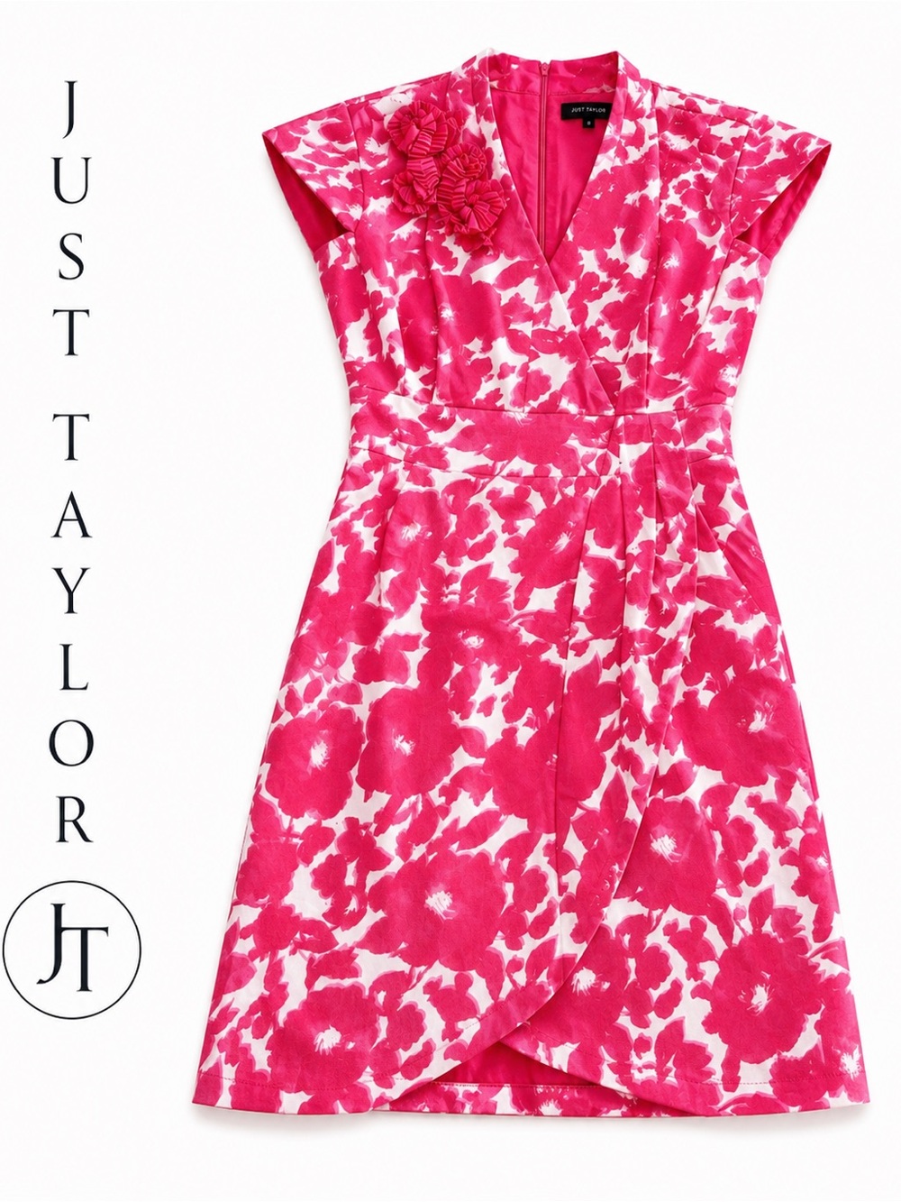 Just Taylor Pink Floral Dress Size 6 Pockets Fit & Flare Career Chic F